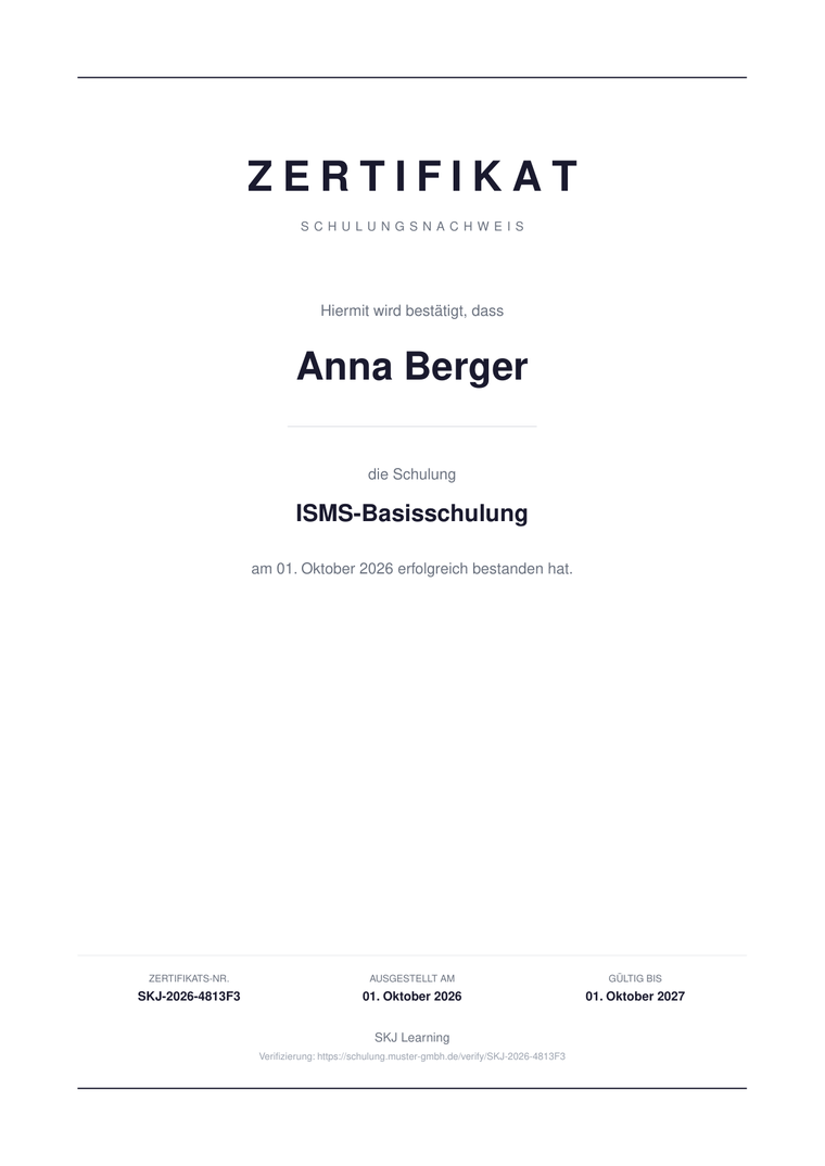 Musterzertifikat mit Name, Kurs, Ergebnis, Zertifikatsnummer, Ausstellungsdatum, Gültigkeit und Prüfadresse